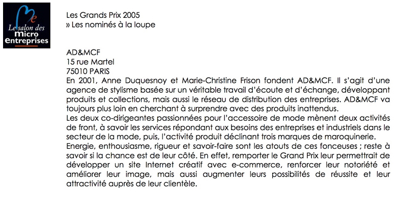 AD&MCF, nominée pour les grands prix 2005 - Le salon des micro entreprises pour la création et stylisme de sac et accessoires